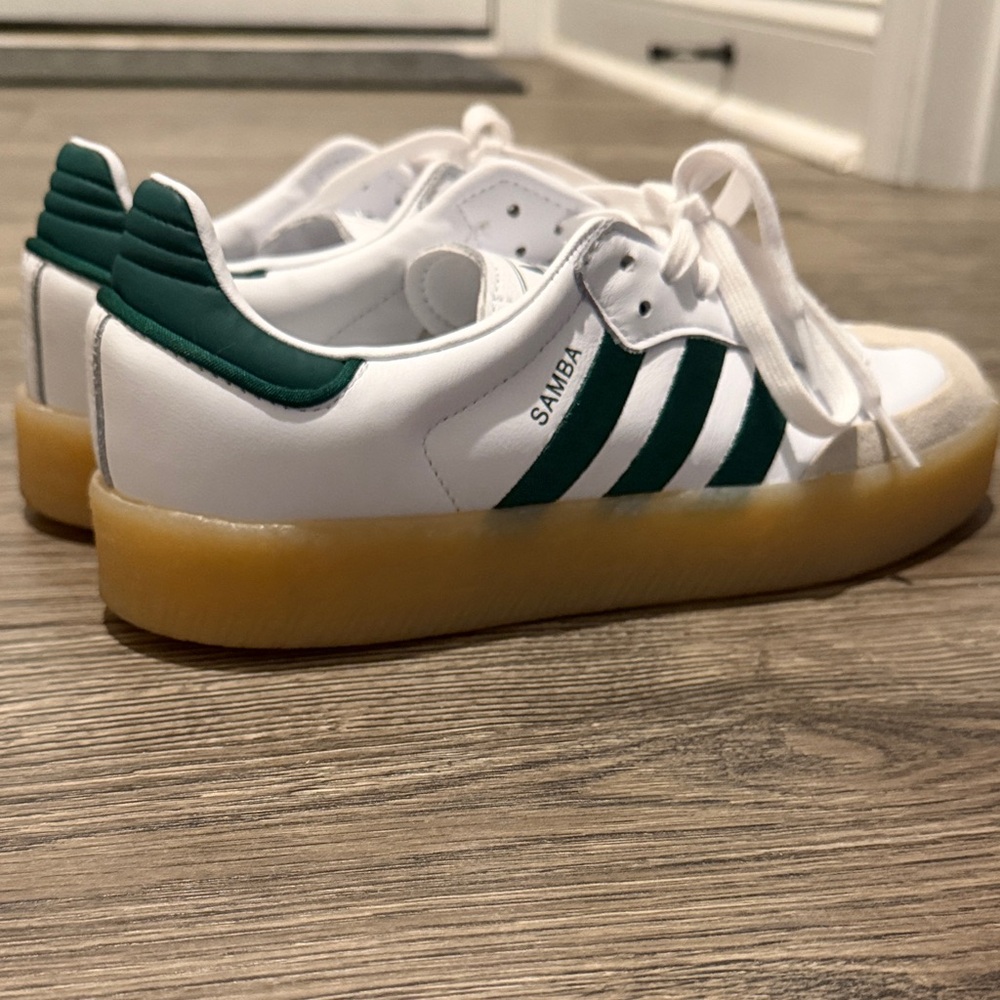 Women’s adidas White Leather Sneakers with Green Stripes and Gum Sole - Picture 9 of 11